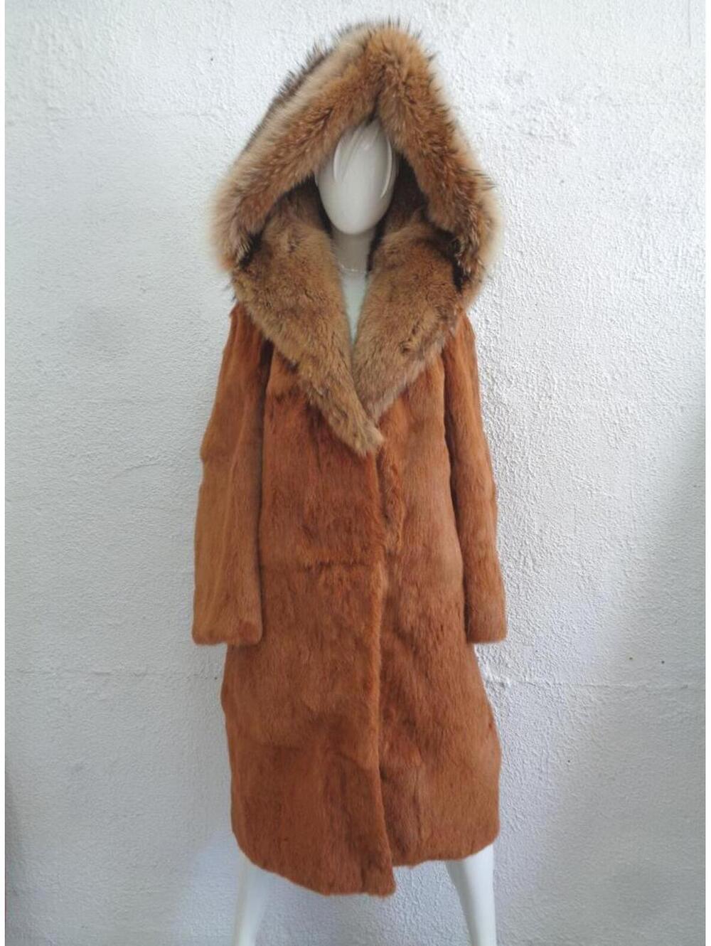 Showroom New Brown Rabbit & Coyote Fur Coat Jacket W/Hood Women Size 8-10 Medium